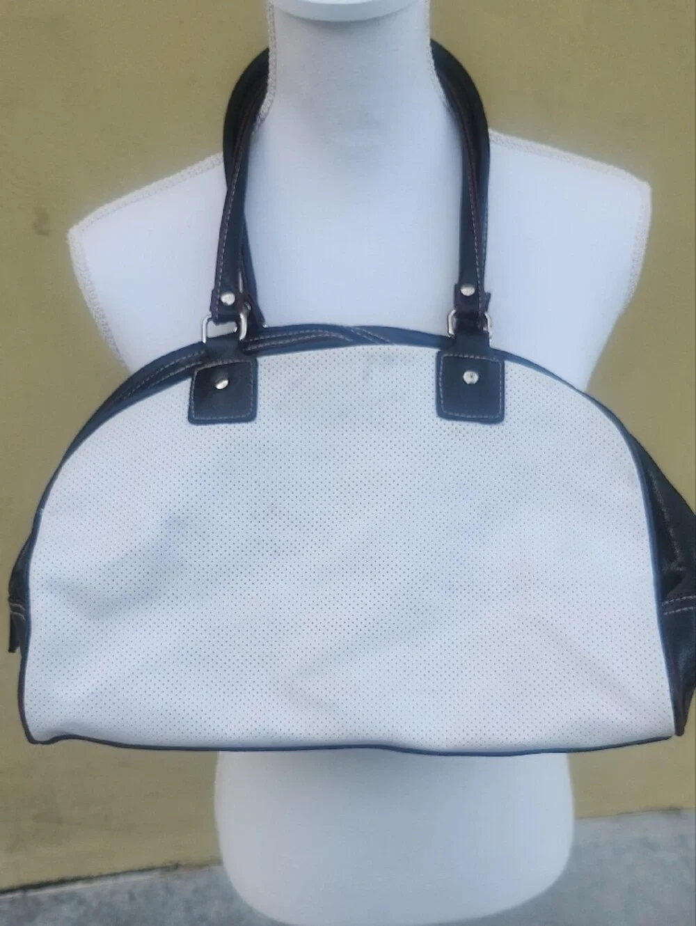 Y2k White Perforated Tote with Black Trim and Pink Monogram